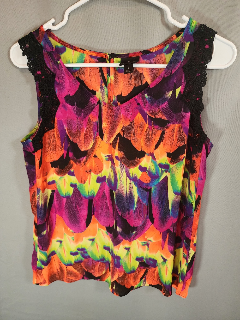 Worthington Bright Neon Multi-Color Feather-Print Lace-Trim Tank